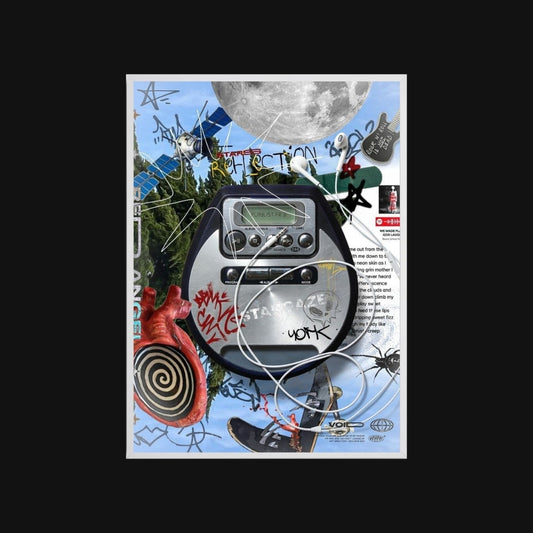 CD player with artistic design elements on a black background