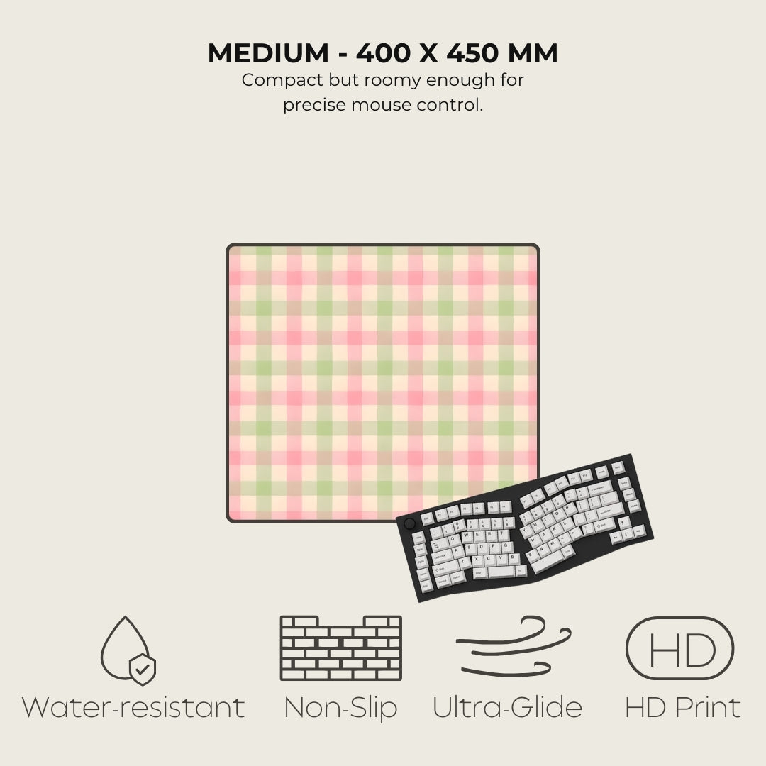 Checkered mouse pad with keyboard illustration and feature text on a light gray background