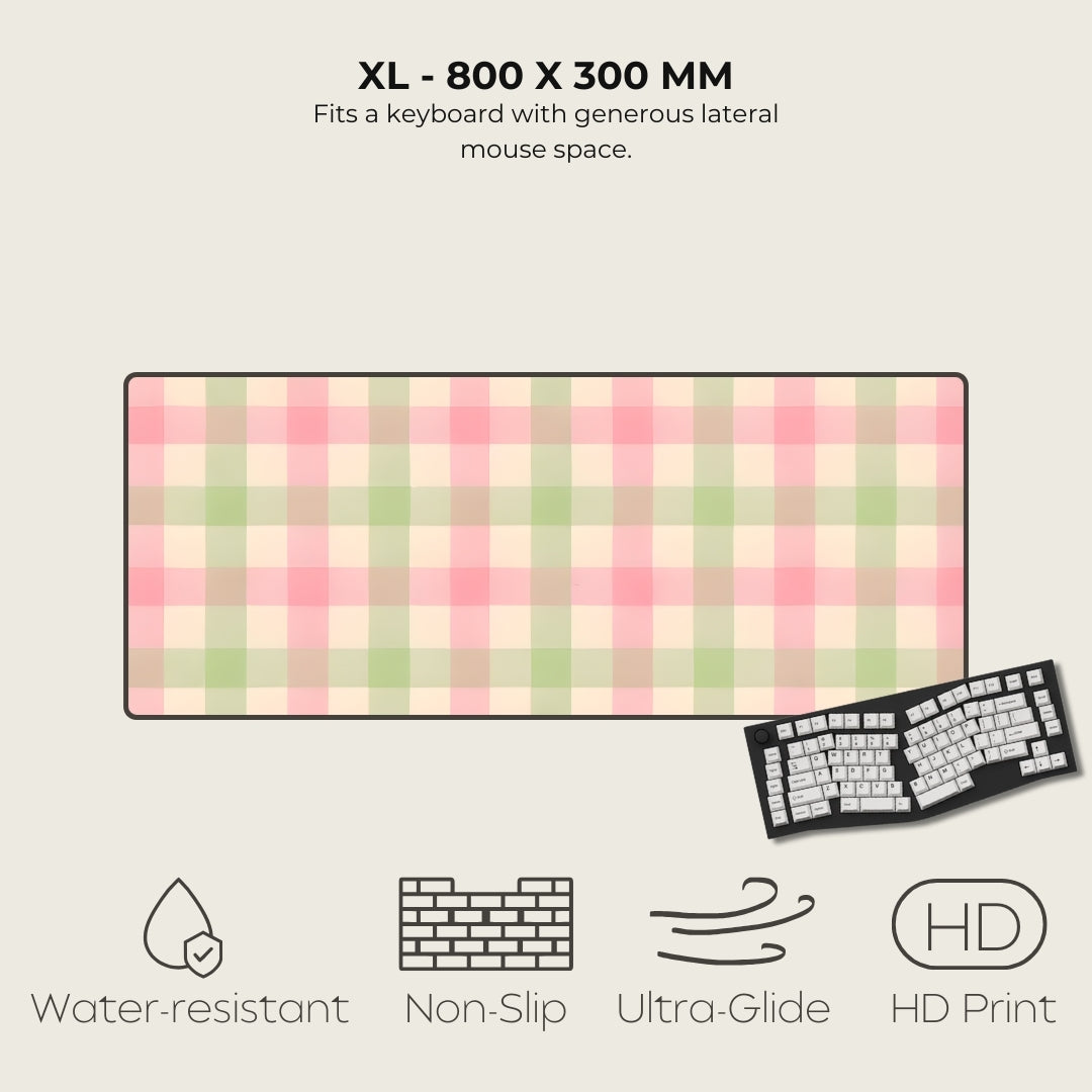 Checkered mouse pad with dimensions and features on a light background