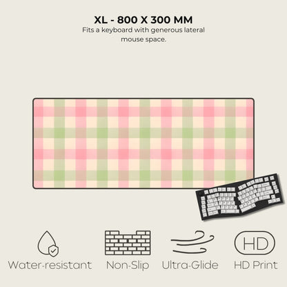 Checkered mouse pad with dimensions and features on a light background