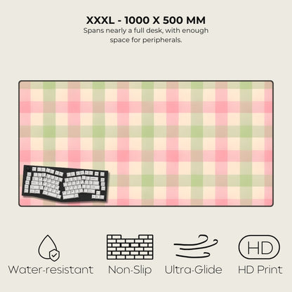 Large checkered desk mat with a keyboard on a light gray background, featuring text and icons about product dimensions and features.