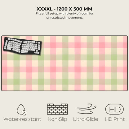 Large checkered desk mat with keyboard on a white background, featuring text and icons about product features.