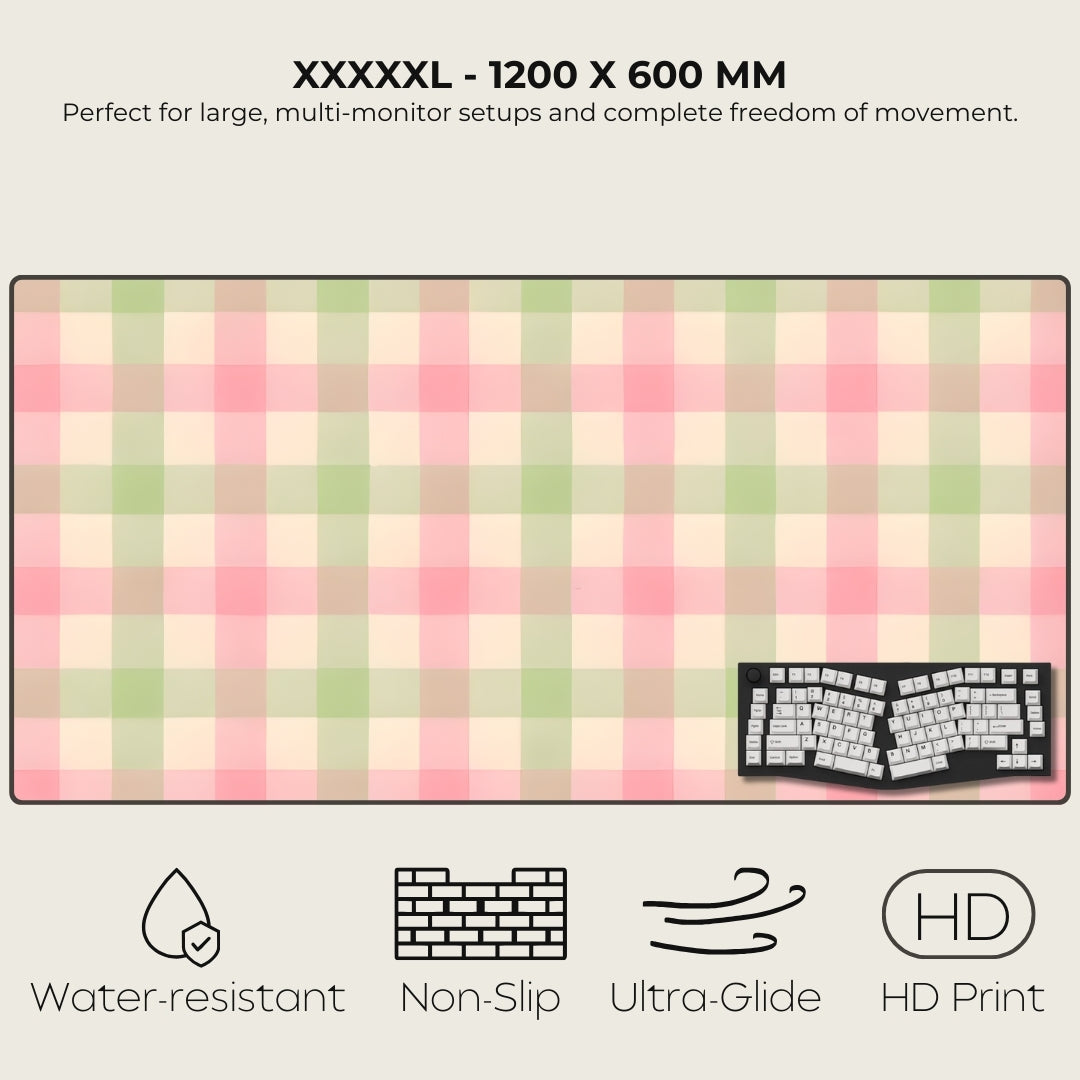 Large checkered desk mat with product placement and feature text.
