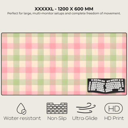 Large checkered desk mat with product placement and feature text.