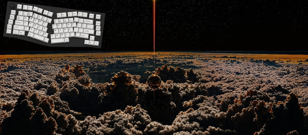 Keyboard on a dark background with a light beam and landscape.