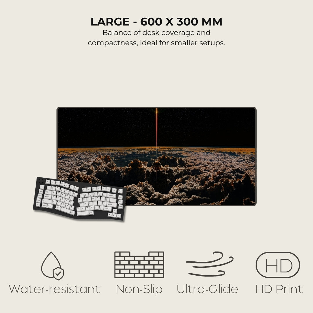 Large desk cover with desert landscape design, keyboard, and feature icons on a light gray background.