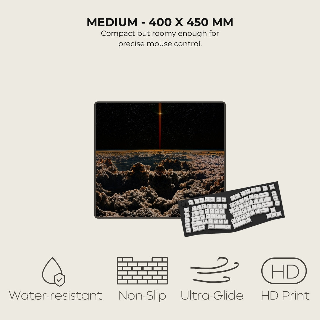 Black mouse pad with scenic design and keyboard layout, featuring product specifications and features on a light gray background.