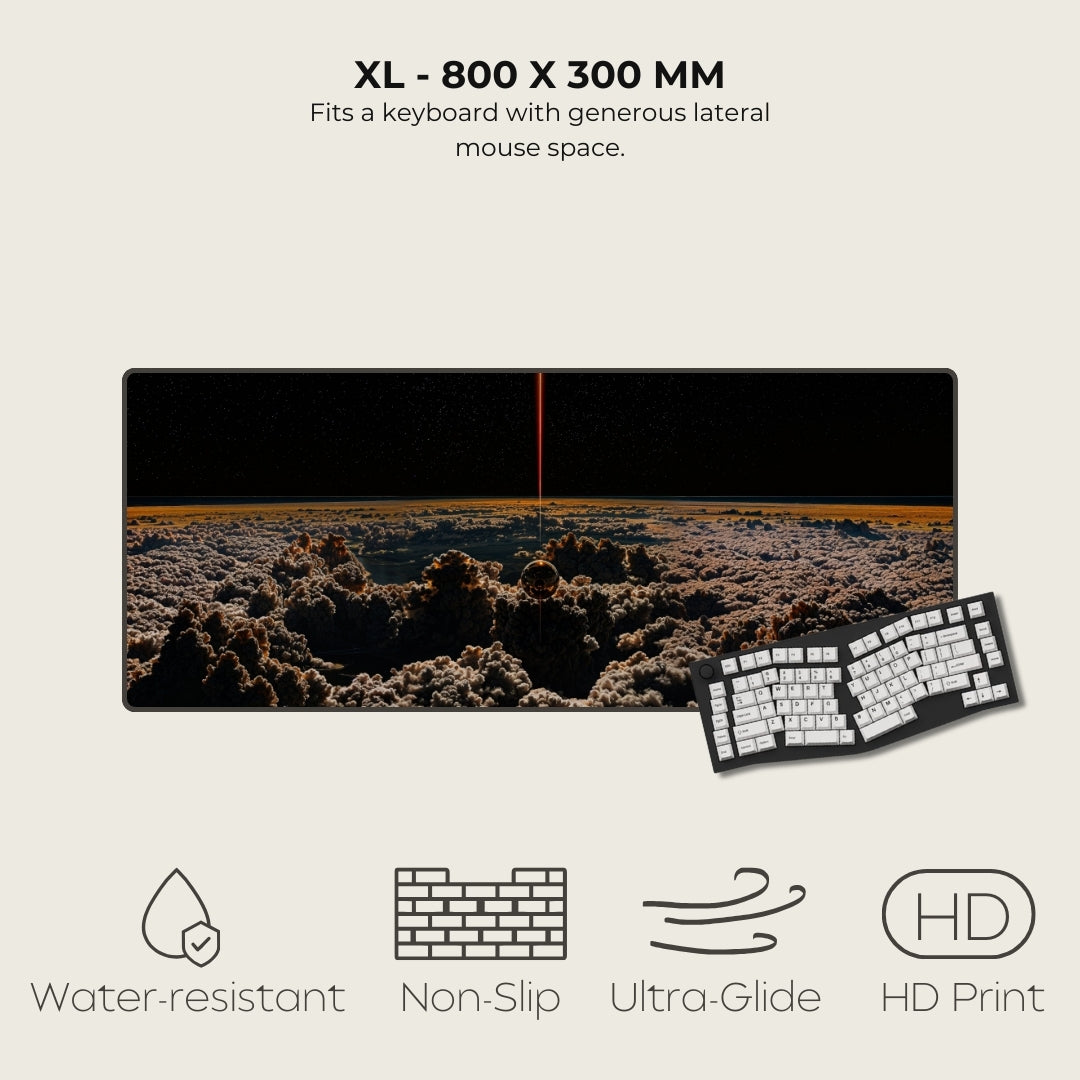 Large mouse pad with dimensions 800 x 300 mm, featuring a keyboard on a landscape background.