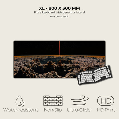 Large mouse pad with dimensions 800 x 300 mm, featuring a keyboard on a landscape background.