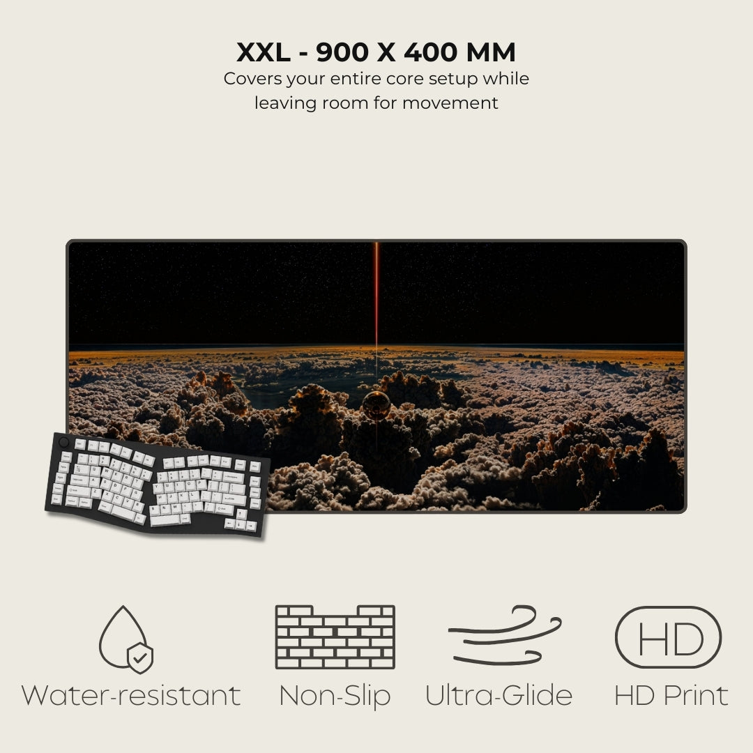 Large monitor with landscape display and keyboard, featuring text and icons on a light gray background.