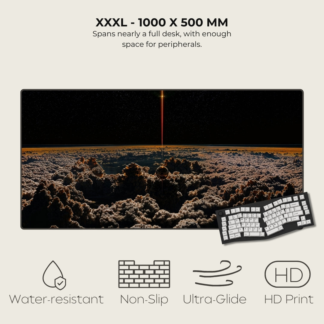 Large desk mat with scenic design and keyboard, featuring text and icons on a light gray background.