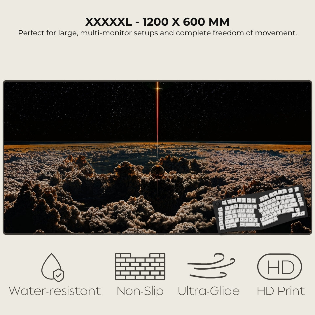 Large desk mat with scenic design and keyboard, featuring text and icons indicating product features.