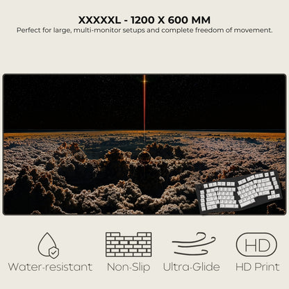 Large desk mat with scenic design and keyboard, featuring text and icons indicating product features.
