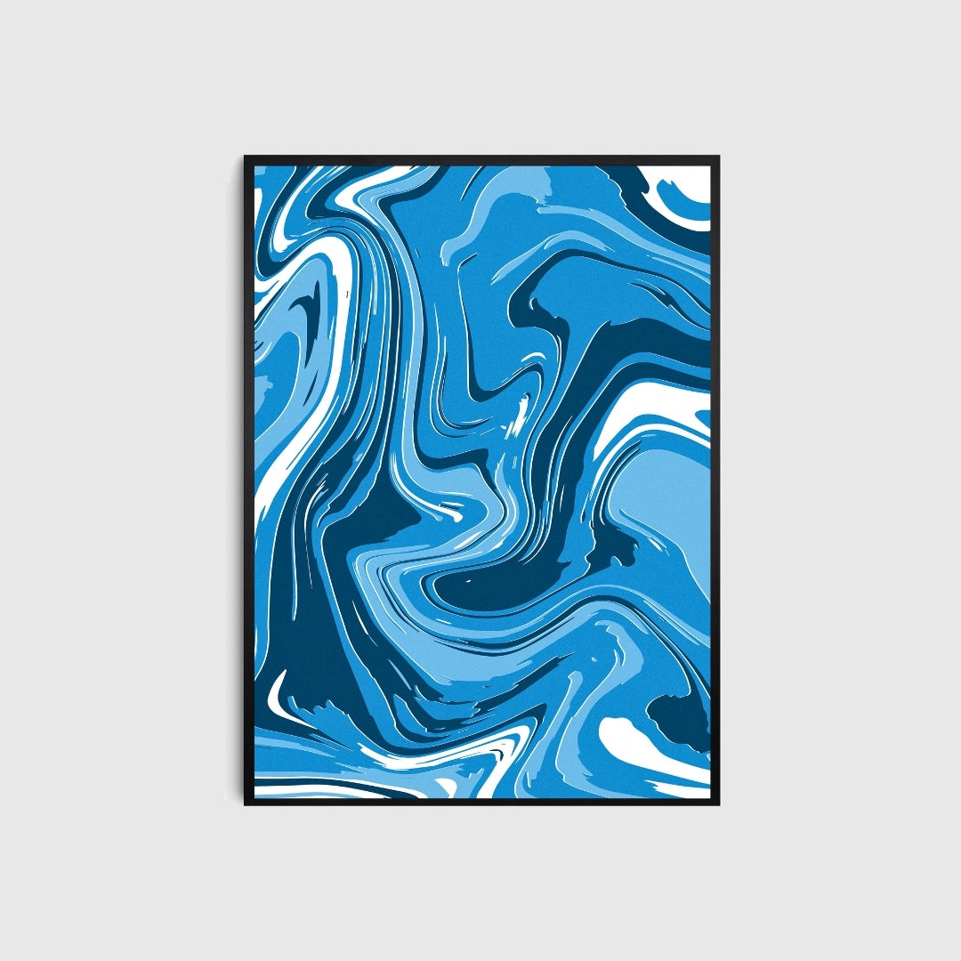 Abstract blue and white swirl design in a black frame on a light gray background