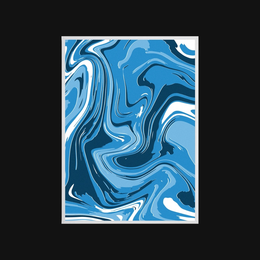 Abstract blue and white swirl design on a black background