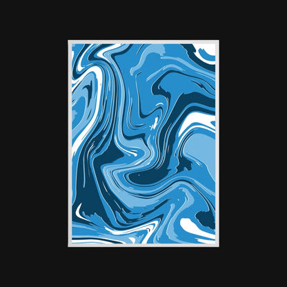 Abstract blue and white swirl design on a black background