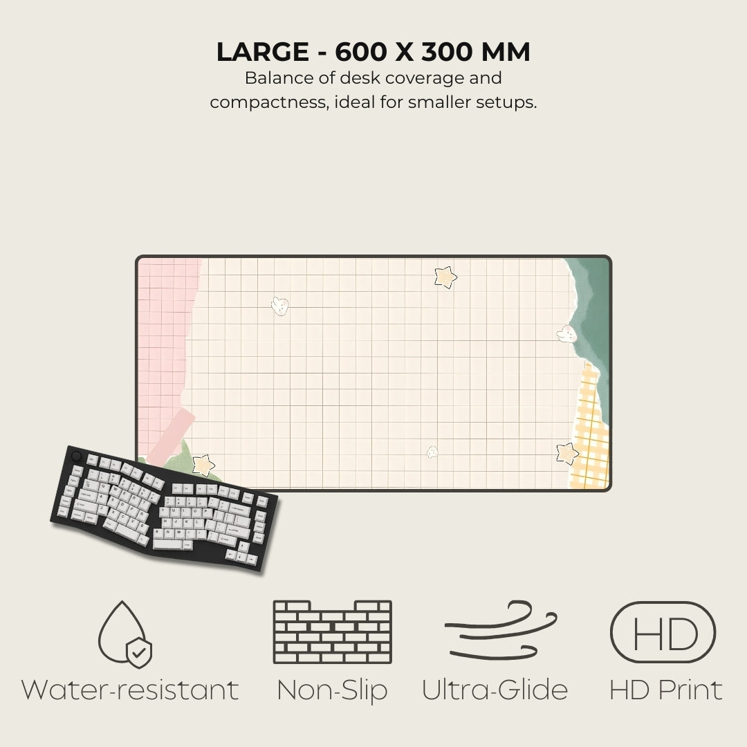 Large desk mat with grid pattern, keyboard illustration, and feature icons on a light background