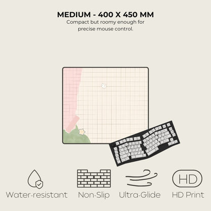 Keyboard mat with grid pattern and keyboard illustration, featuring text and icons on a light gray background.