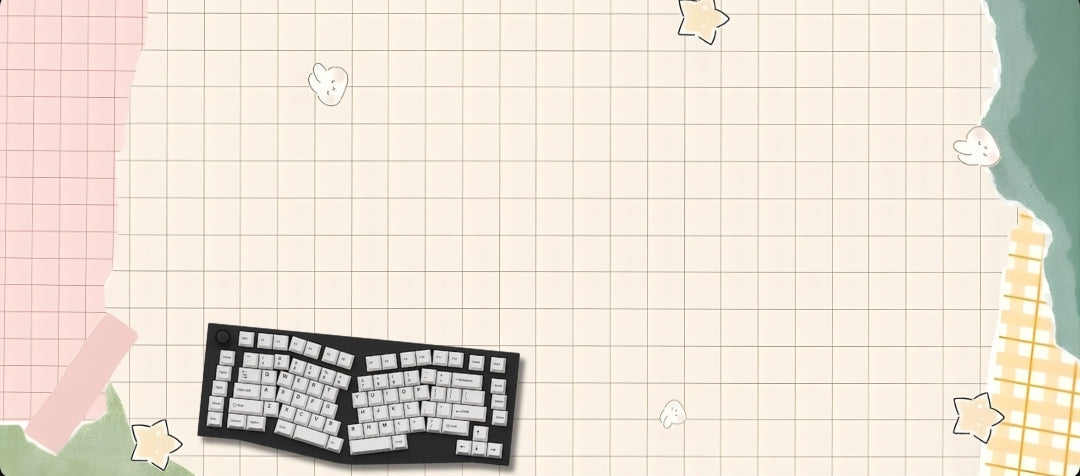 Keyboard layout on a grid background with decorative elements