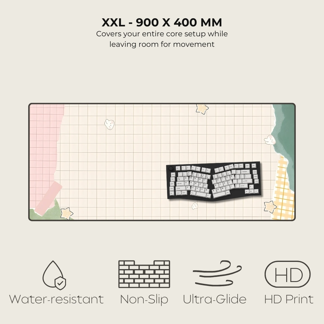 Large gaming mouse pad with specifications and features on a light gray background