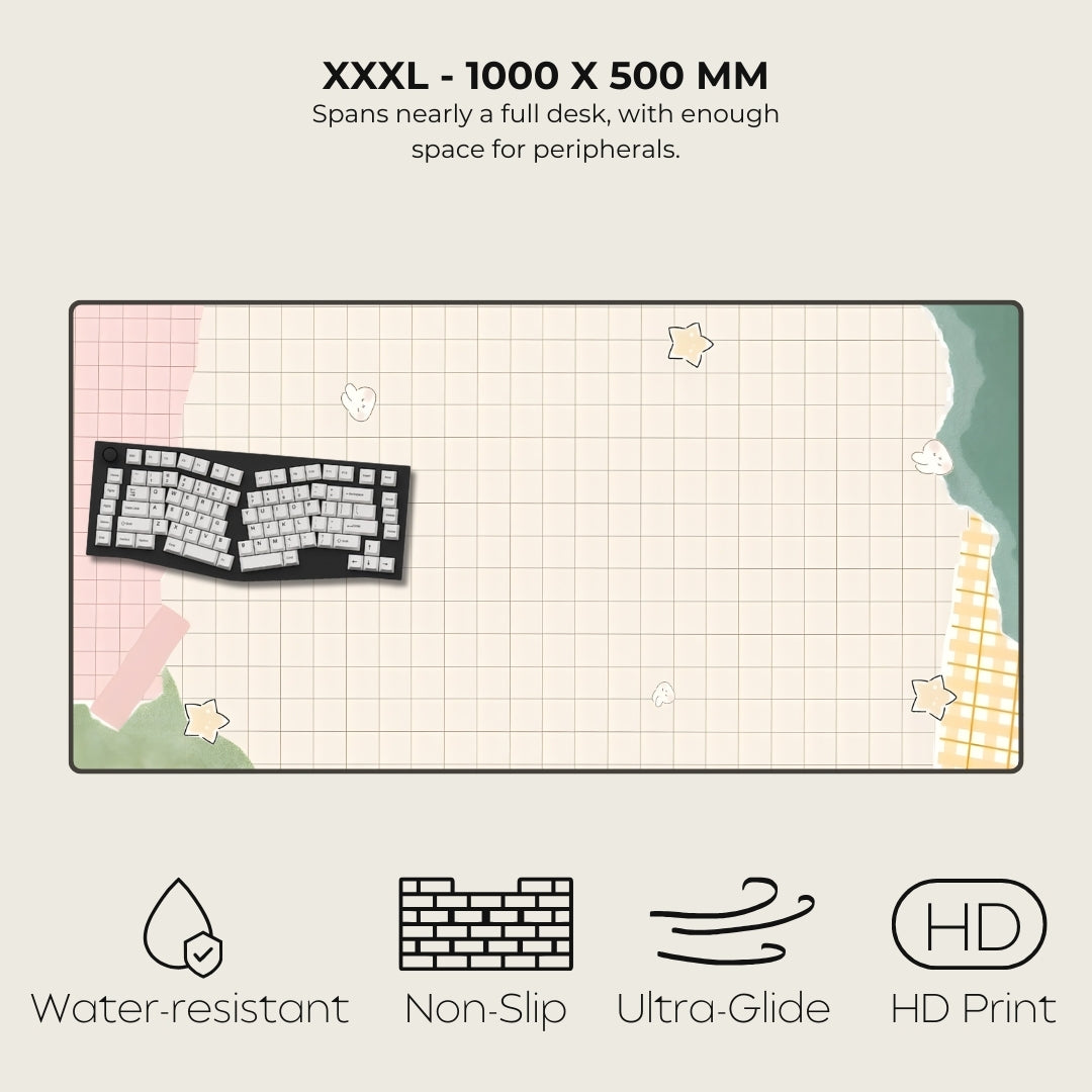 Large desk mat with grid pattern, keyboard illustration, and product features listed.
