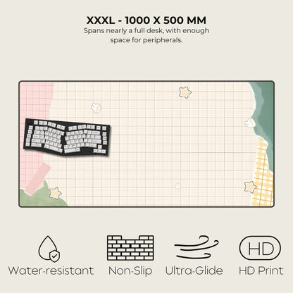 Large desk mat with grid pattern, keyboard illustration, and product features listed.