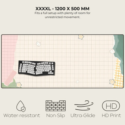 Large desk mat with a keyboard illustration, showing its dimensions and features.