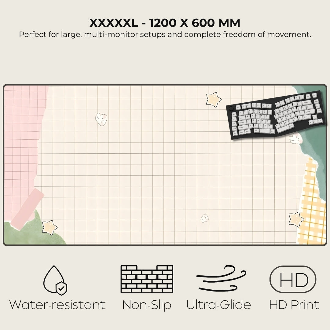 Large desk mat with a keyboard illustration, featuring dimensions and features on a light gray background.