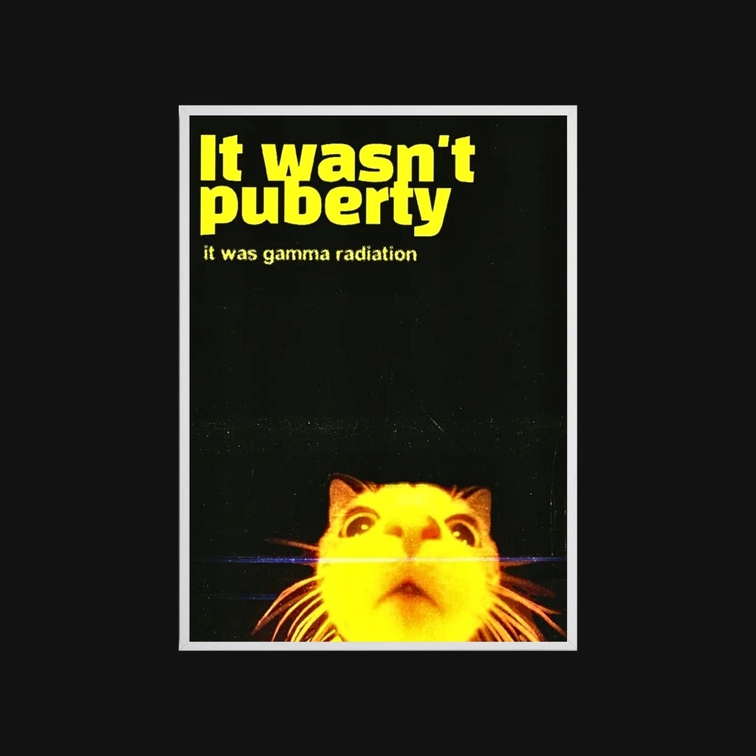 Poster with a cat's face and text about gamma radiation on a black background