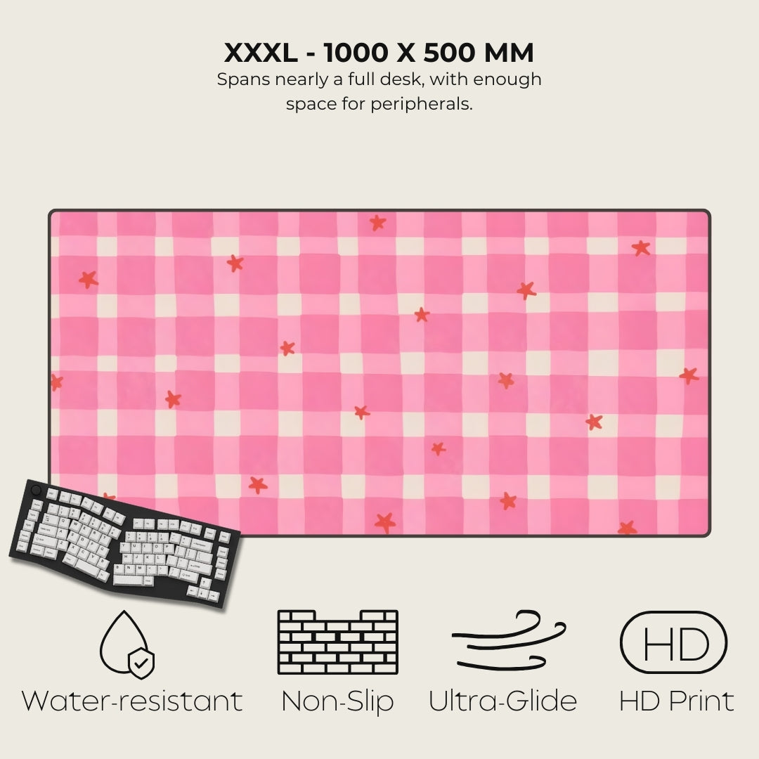 Pink checkered desk mat with star patterns, keyboard on the side, and feature icons below.