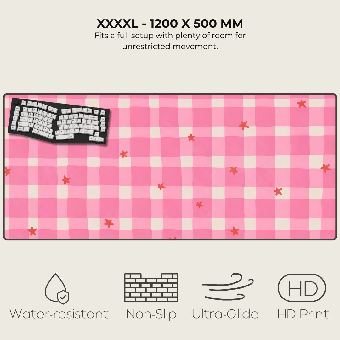 Pink checkered mouse pad with keyboard illustration and feature icons on a white background