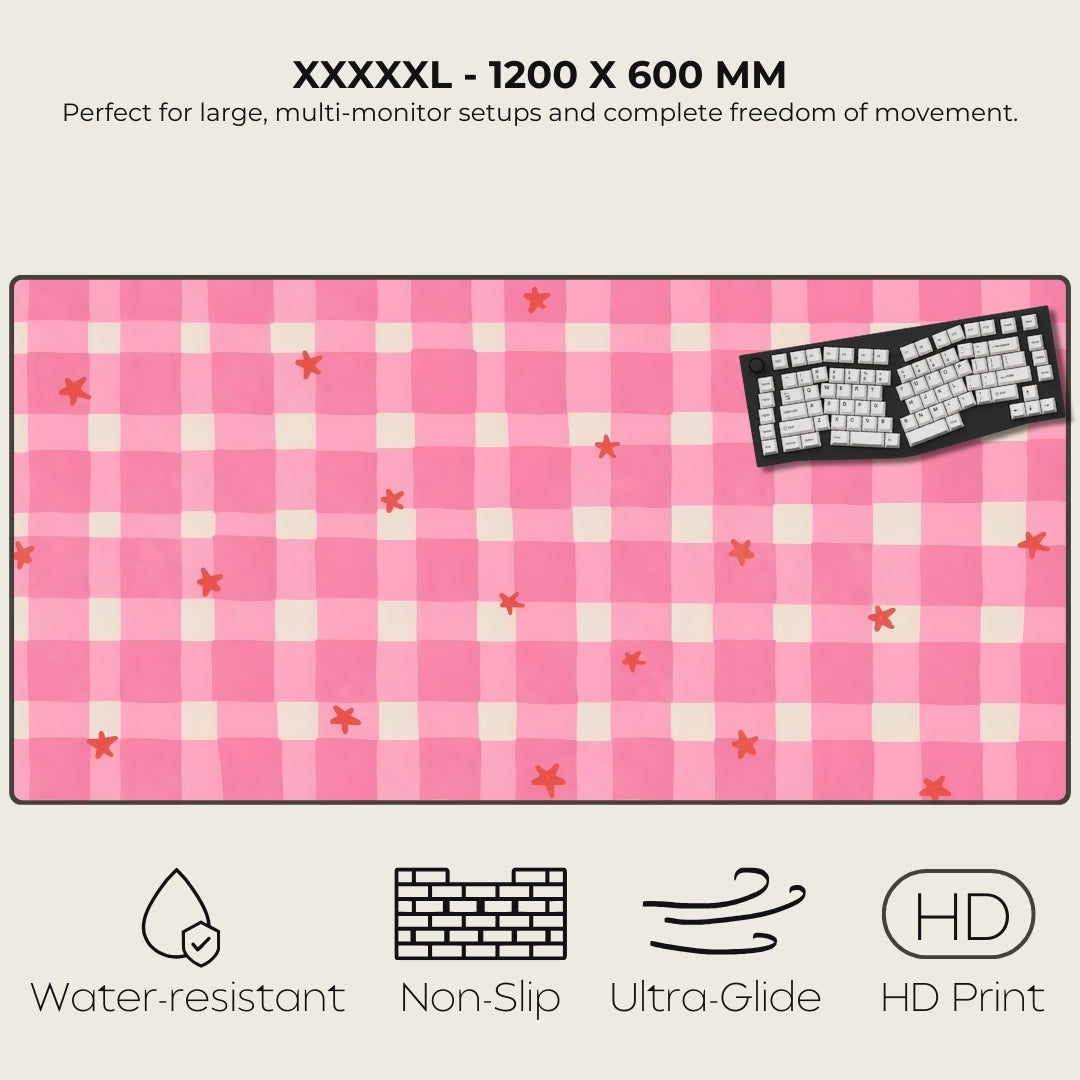 Pink checkered mouse pad with keyboard illustration, dimensions, and features listed.