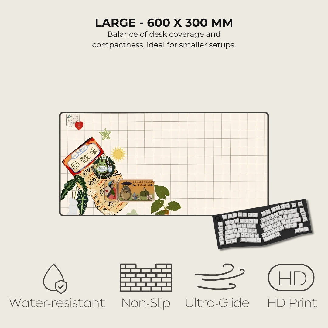 Large desk mat with decorative elements and a keyboard on a white background, featuring text and icons about product features.