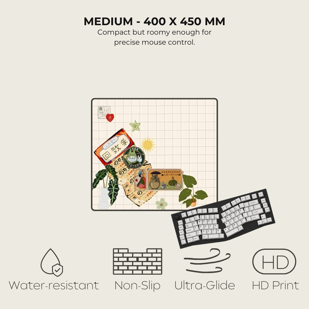 Keyboard mat with artistic design and text about dimensions and features on a light background