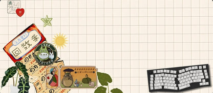 Decorative banner with vintage-style illustrations, a keyboard, and plants on a grid background.