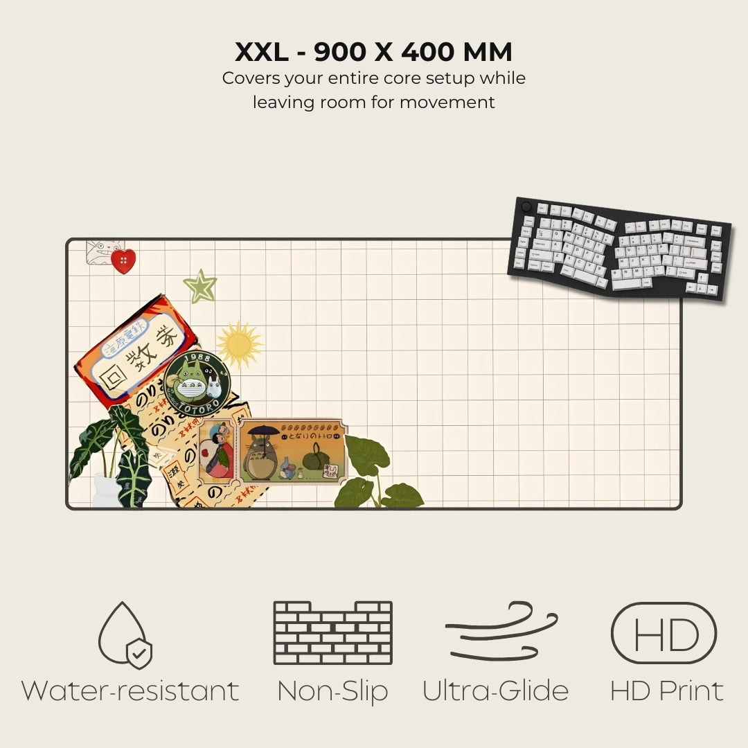 Large desk mat with decorative elements and keyboard, featuring text on size and features.
