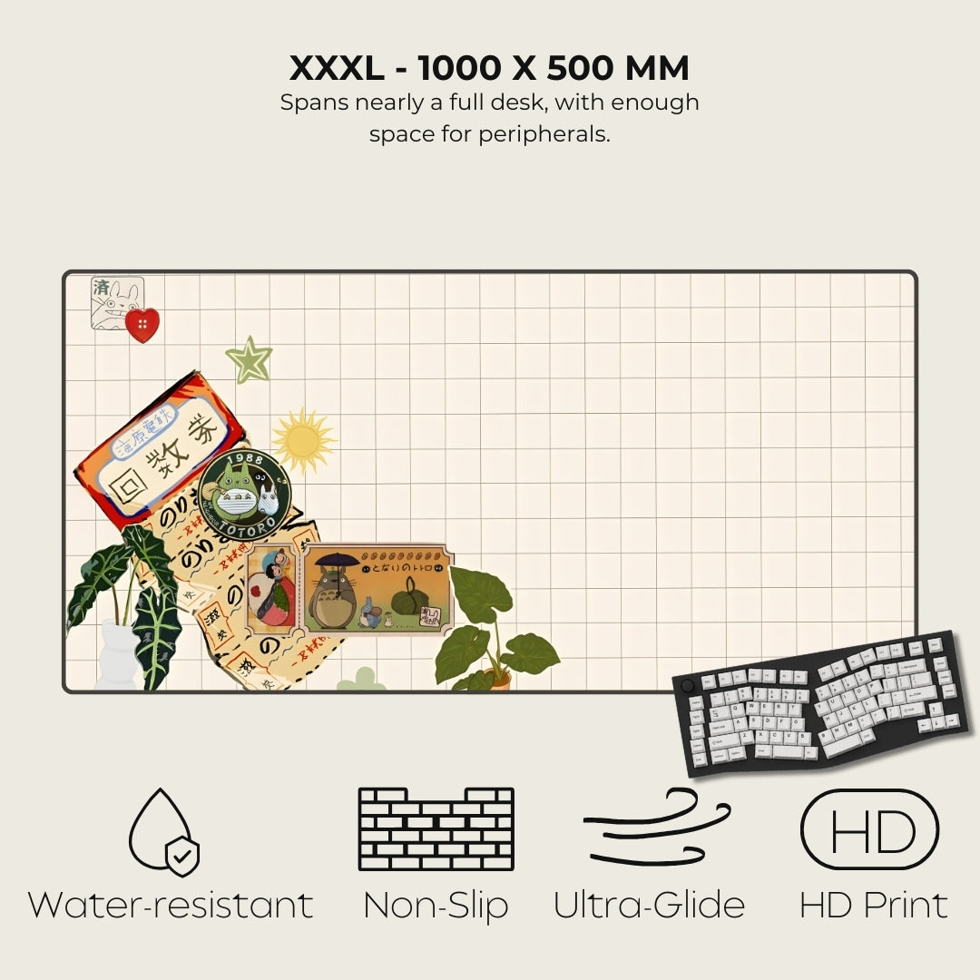 Large desk mat with decorative elements and a keyboard, featuring text on size and features.