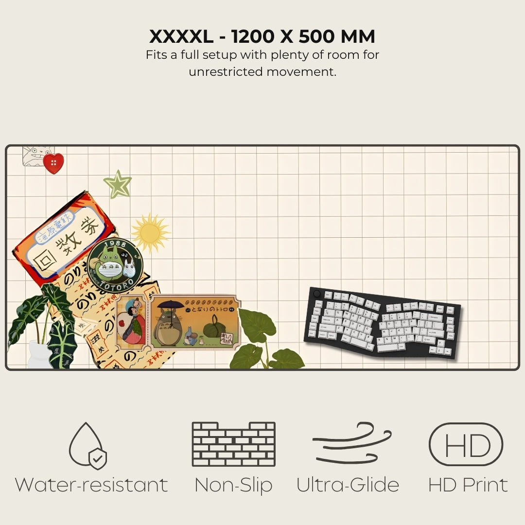 Large desk mat with cartoon designs and keyboard, featuring text and icons indicating product features.