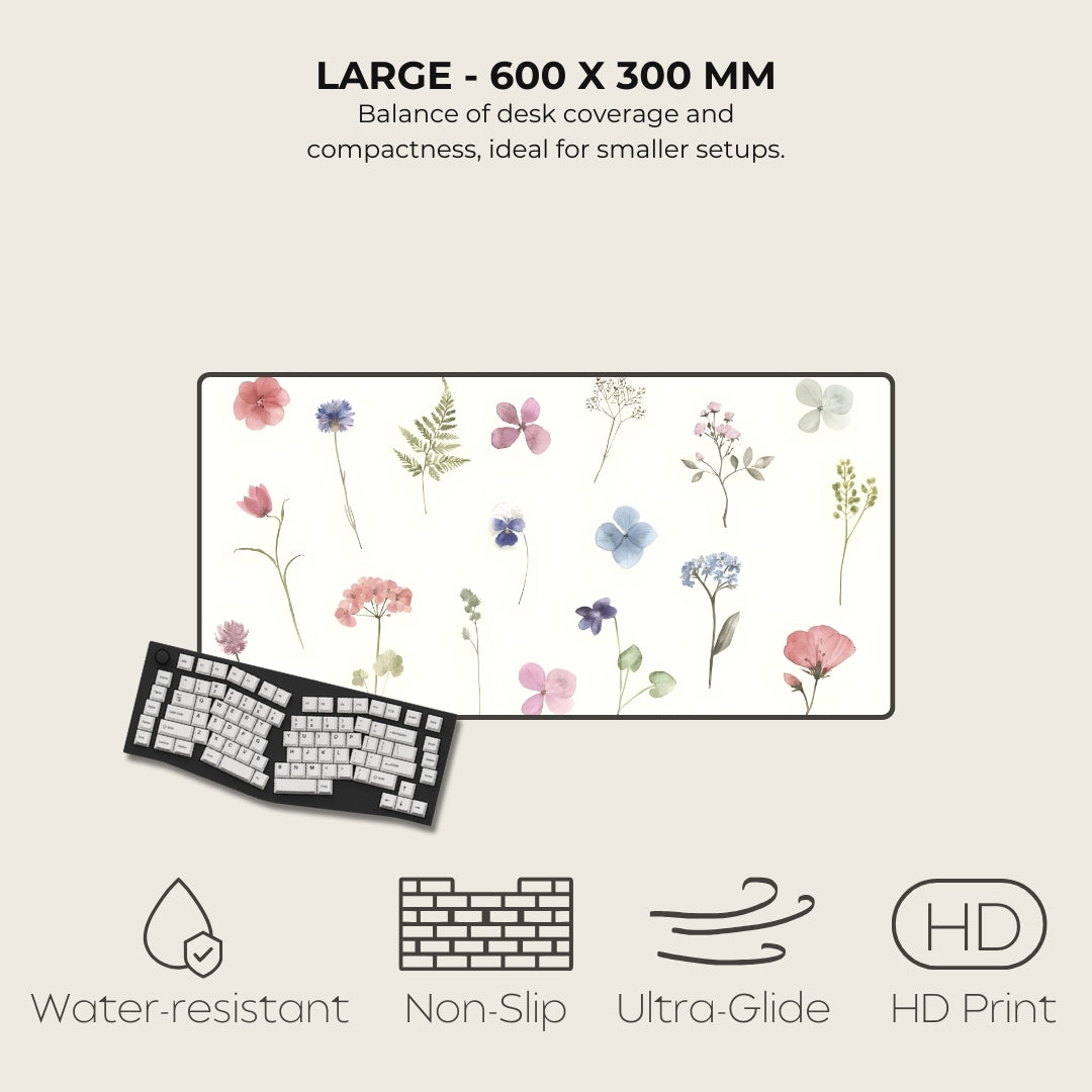 Floral desk mat with keyboard on a light gray background, featuring text and icons about product features.
