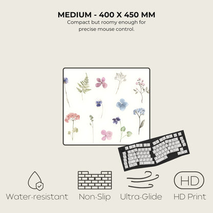 Floral mouse pad with keyboard and feature icons on a beige background