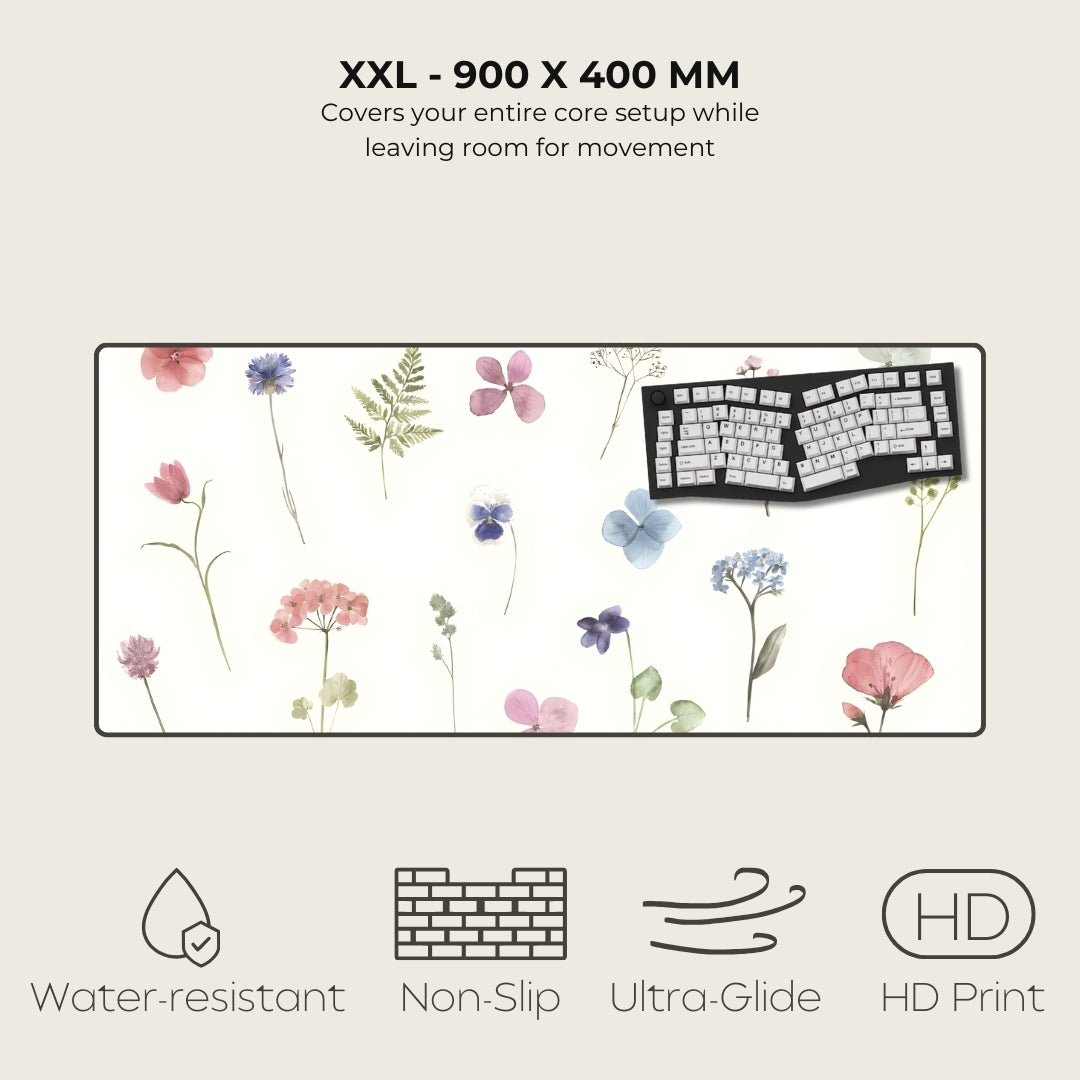Floral design mouse pad with keyboard illustration on a light gray background