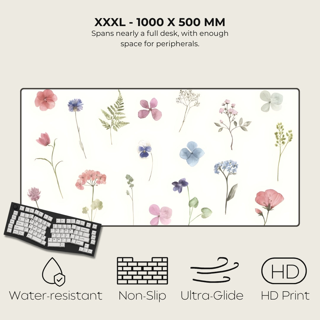 Floral mousepad design with a desk and keyboard, featuring text on size and features.
