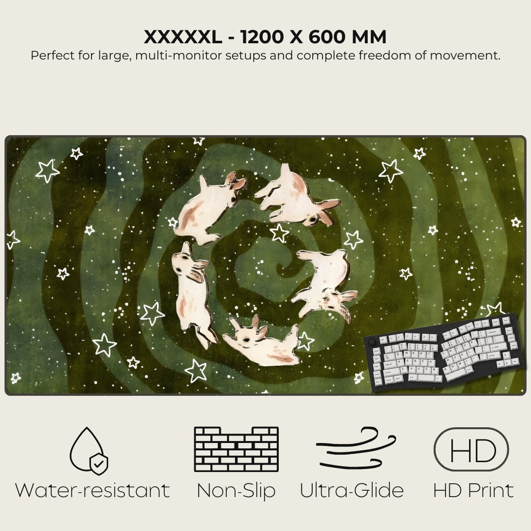 Large desk mat with cat design and text about size and features