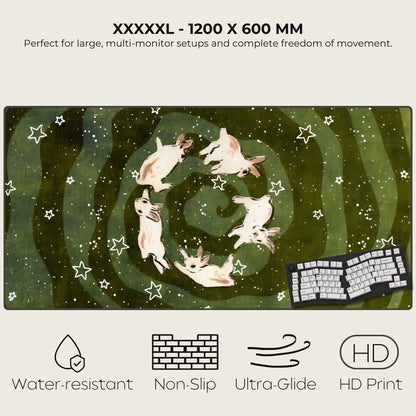 Large desk mat with cat design and text about size and features