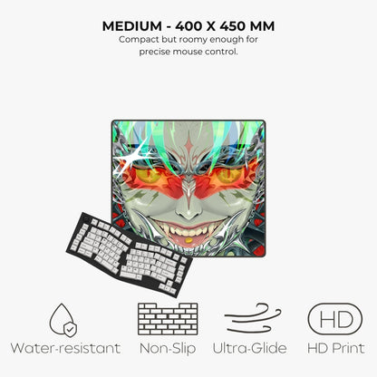 A compact gaming mouse pad with a colorful anime-style demon face graphic, shown with a matching black keyboard on a light gray background. Text above reads 'MEDIUM - 400 X 450 MM' and below feature icons for water-resistant, non-slip, ultra-glide, and HD print.