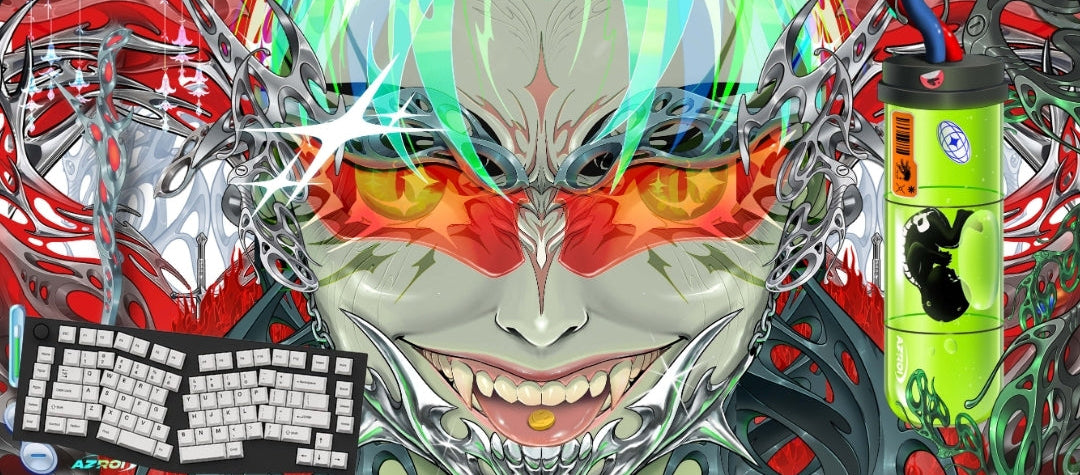 A wide desk mat or mouse pad featuring a highly detailed anime-style illustration of a grinning monster with red eyes, green hair, and silver chains, alongside a printed keyboard and a green cylindrical container on a black background.