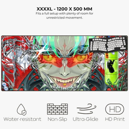 A large gaming desk mat with a detailed anime-style monster face print, shown on a light gray background with text indicating XXXXL size 1200 x 500 mm and feature icons for water resistance, non-slip, ultra glide, and HD print.