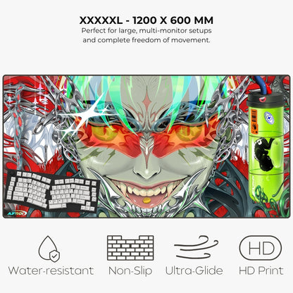 A large gaming desk mat with a colorful anime-style monster face design, shown on a light gray background with feature text and icons for water resistance, non-slip, ultra-glide, and HD print.