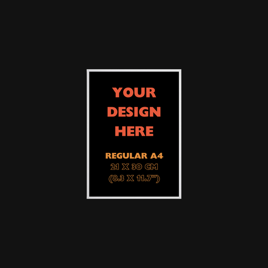 A4 size paper template with text 'Your Design Here' on a black background