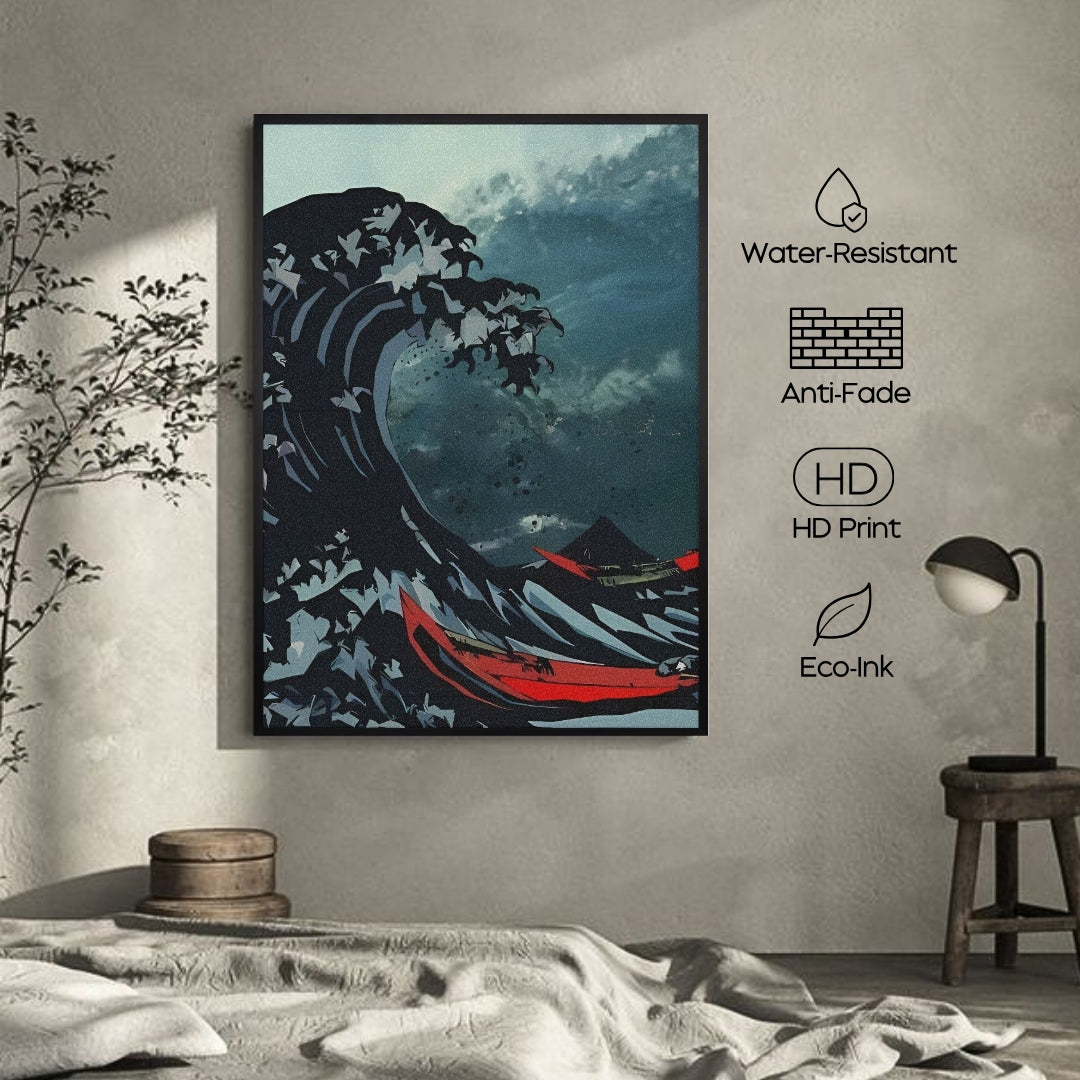 Framed artwork of a wave with a boat on a wall in a room with decor elements.